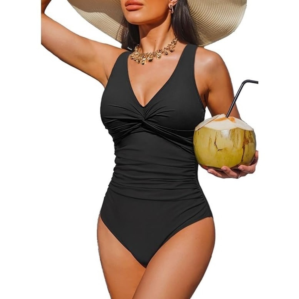 Holipick  Black One Piece Ruched‎ V Neck Swimsuit Size Medium tummy control NWT